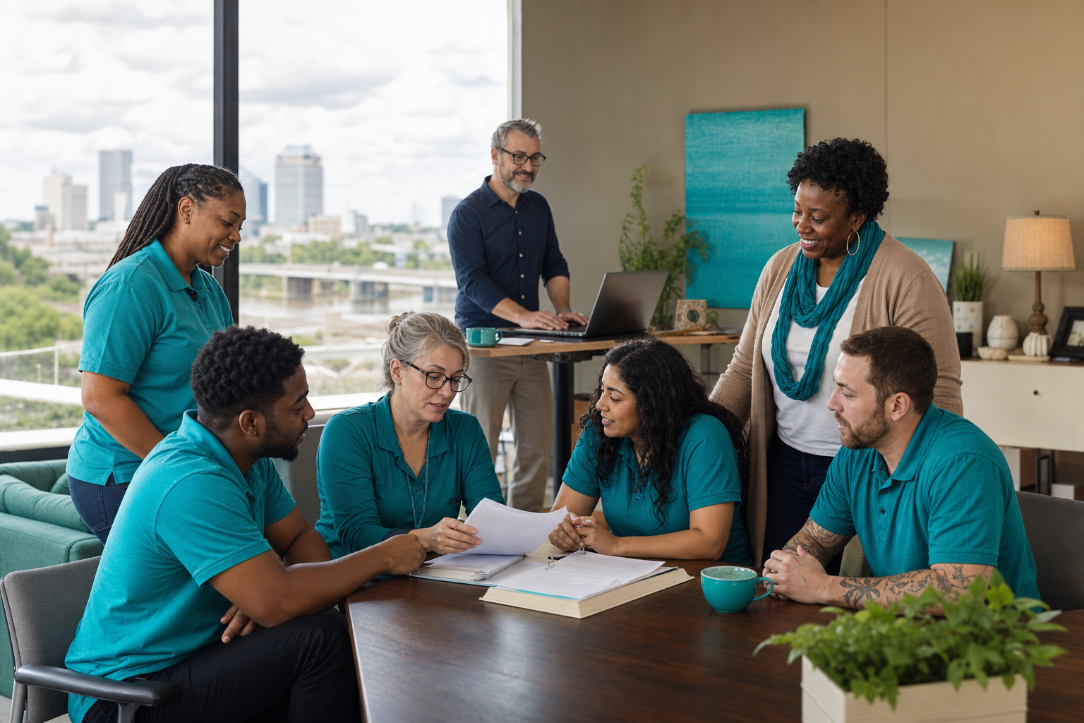 AcuityCare team gathered in a bright Little Rock office with the city skyline visible through the windows