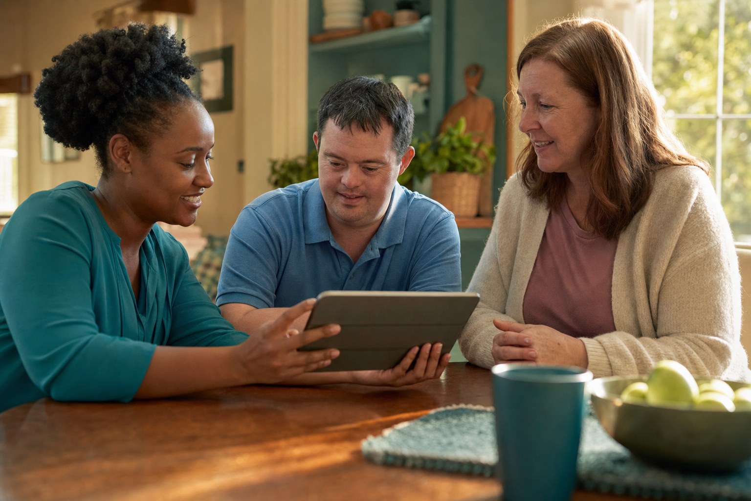 Licensed social worker reviewing a care plan with a consumer and their family member at a kitchen table